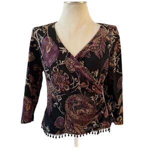 Vtg Y2K 2000s Dark Floral Beaded Wrap Blouse Sz M/L Whimsygoth Witchy Grunge